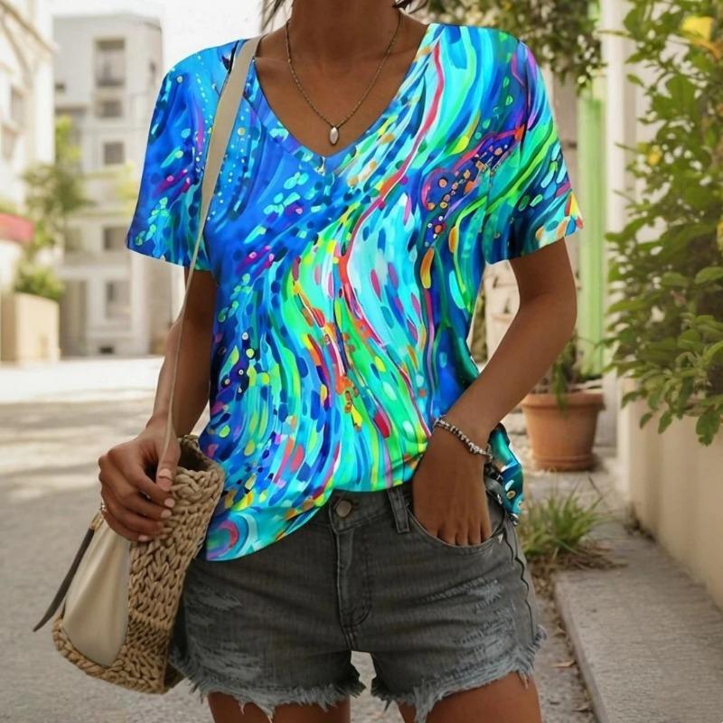 Summer V-neck 3D Vintage Floral Pattern Printed Top Fashionable Casual Colorful Short Sleeved Women's T-shirts