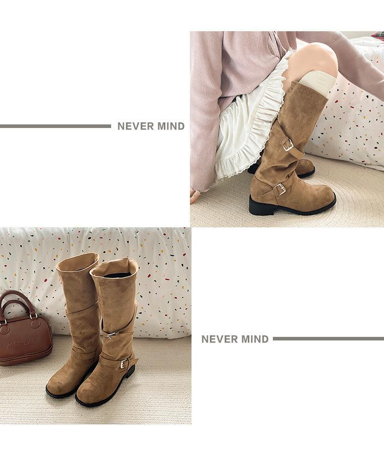 Fashion solid color retro suede cowboy boots women's 2025 autumn and winter new buckle tall thick heel thin fashion boots