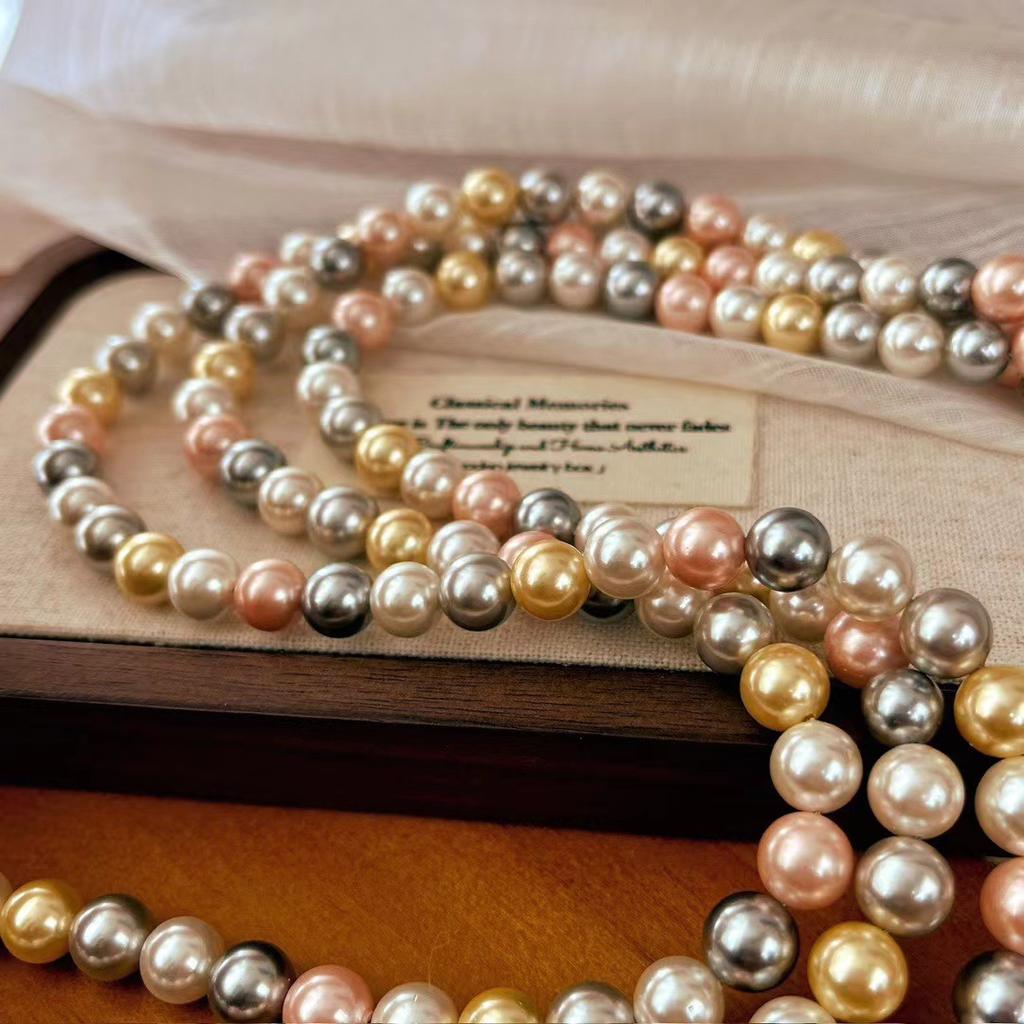 Vintage Mixed Color Natural Deep Sea Shell Pearl Necklace Round Candy Color High-End Niche