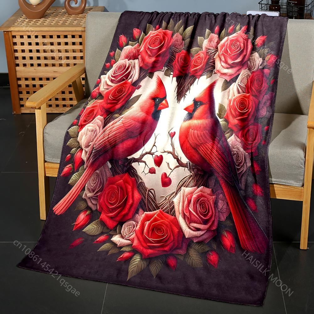 

Heart-shaped Roses and Cardinals Pattern Blanket Flannel Material Soft Warm for All Seasons, Home Outdoor Camping Picnics RV 75x90cm