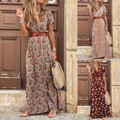 Women Summer Fashion Elegant Vintage Floral Printed Short Sleeve Loose Long Dress Boho Maxi Dress Female Holiday Sundress Party Dress