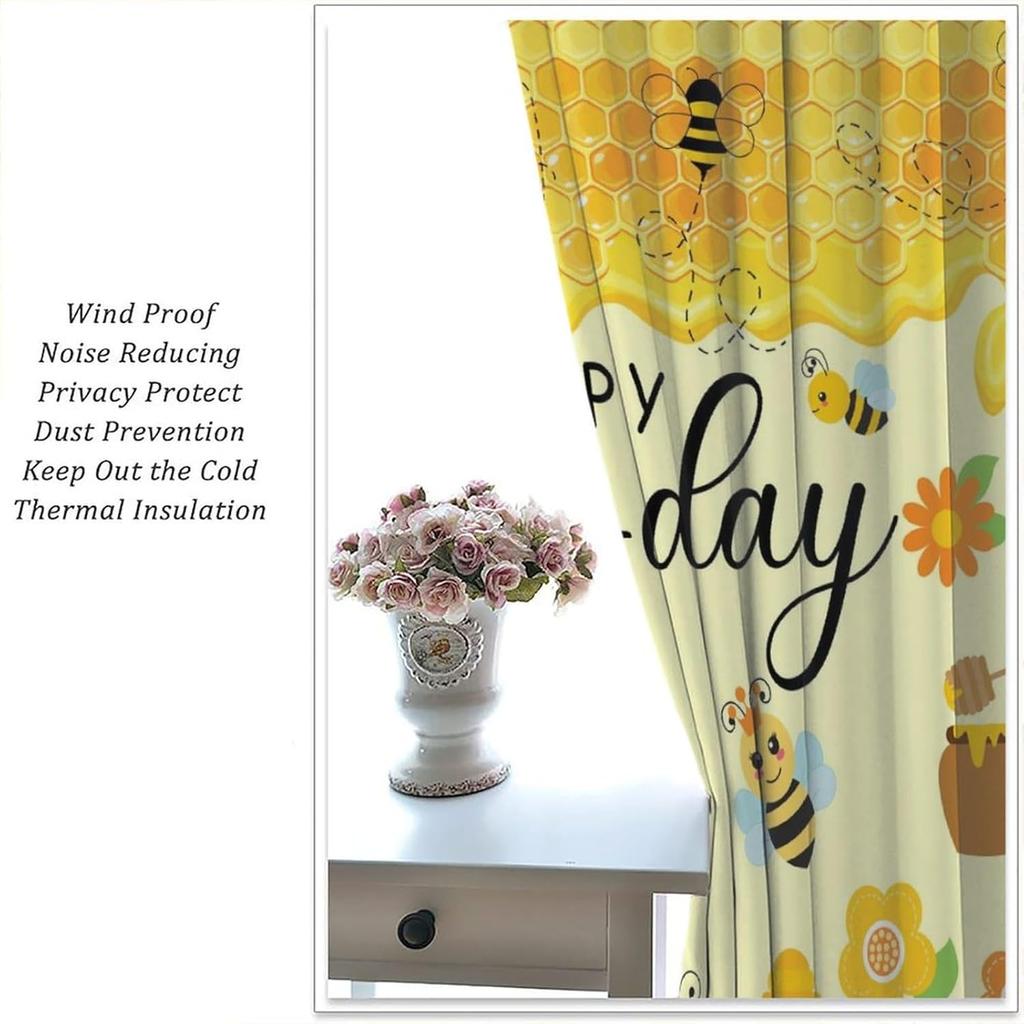 Bee Curtains Boy Girl Bedroom Spring Yellow Honeybee Inspirational Art Printed Window Drapes Living Room Curtain Light Blocking Polyester Ideal For