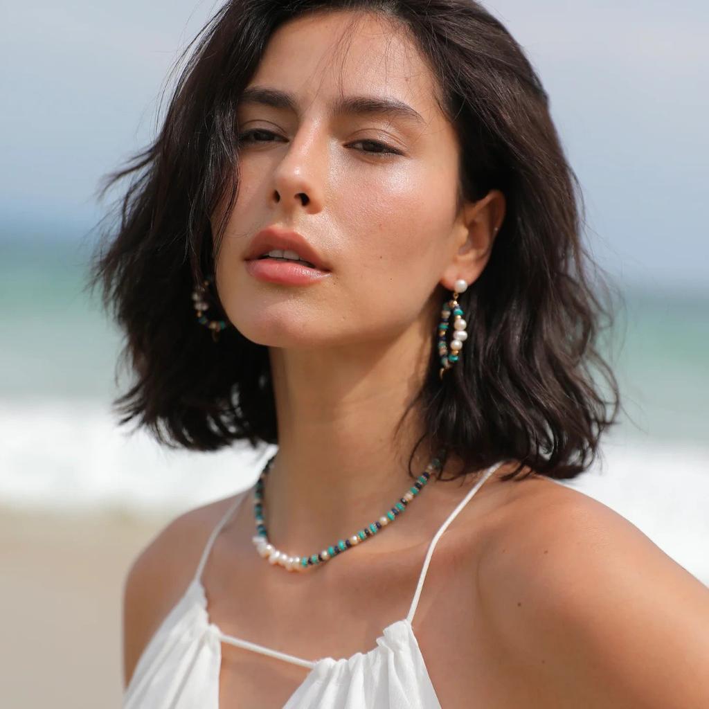 Summer Fresh And Elegant Turquoise Blue Turquoise Beaded Freshwater Pearl Collarbone Chain Niche Temperament Necklace Women