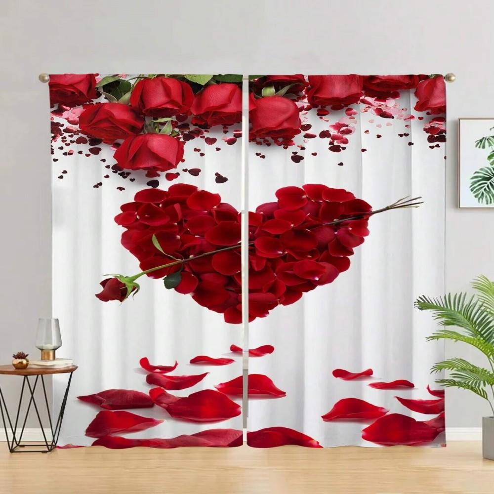 2pcs Romantic Red Rose Heart Printed Curtains, Love-Themed Design, Light-Filtering Fabric, Perfect for Bedroom Living Room Windo