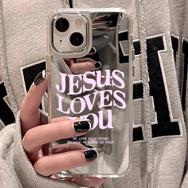 Pink Letters Jesus Loves You Makeup Mirror Phone Case For iPhone 17 AIR 16 15 14 13 12 11 PRO MAX PLUS Y2K Protective Cover