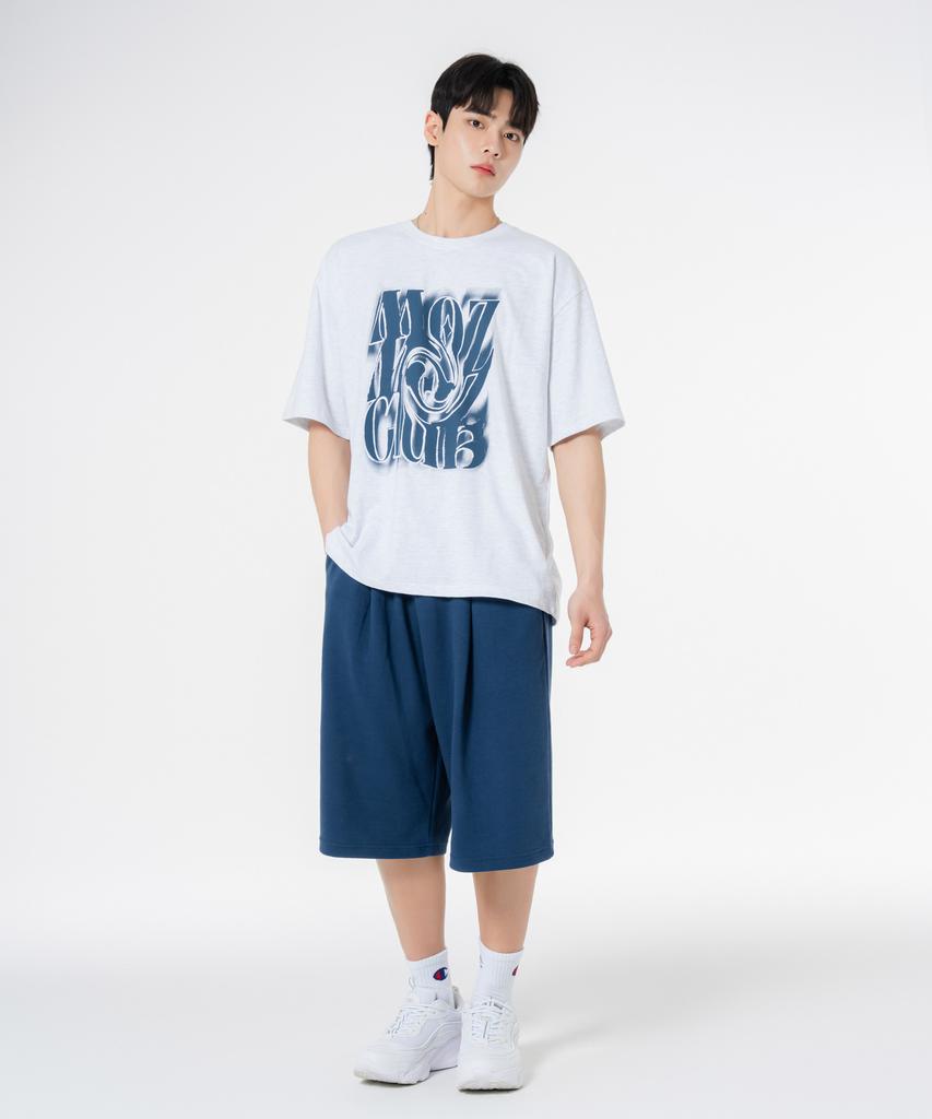MOZMOZ [Set] Chaos Short Sleeve + Double Cotton Wide Single-Pleat Shorts Set-Up White Melange