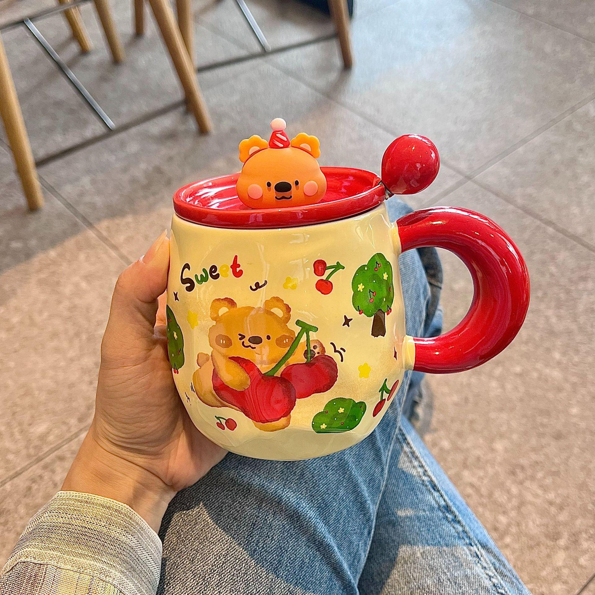 

Милая кружка с медведем, крышкой и ложкой, высококачественная керамическая чашка для воды для девочек, бытовая чашка, чашка для кофе и завтрака, детская 301-400ml