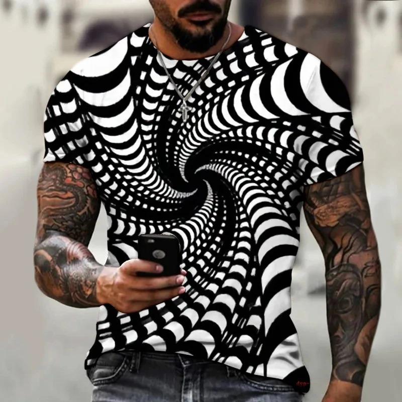 Fashion Summer New Optical Illusion Pattern Men's T-shirt Street Hip Hop Harajuku Round Neck Plus Size Short Sleeve