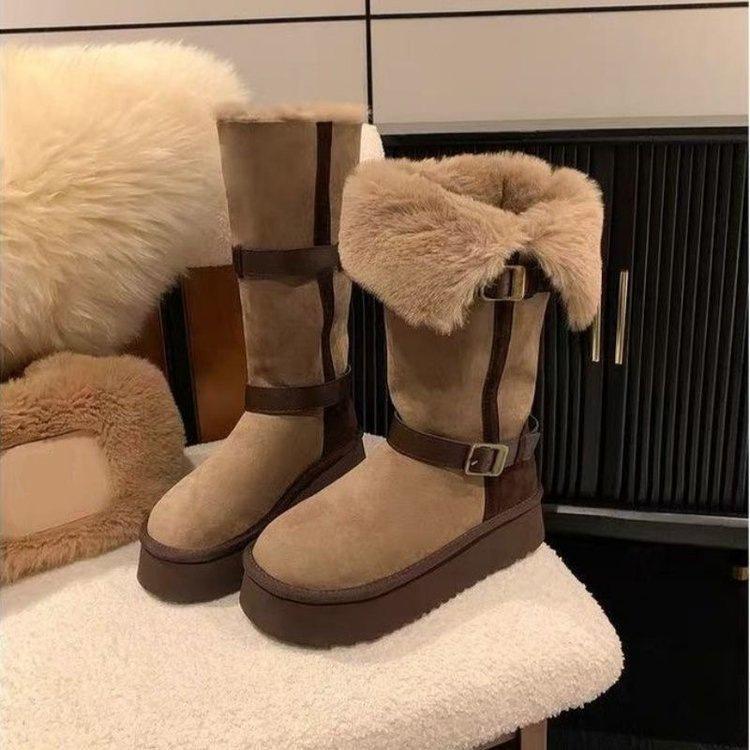 Long tube, piled and thickened two wear snow boots, new winter piled warm and heightened wool cotton shoes 35