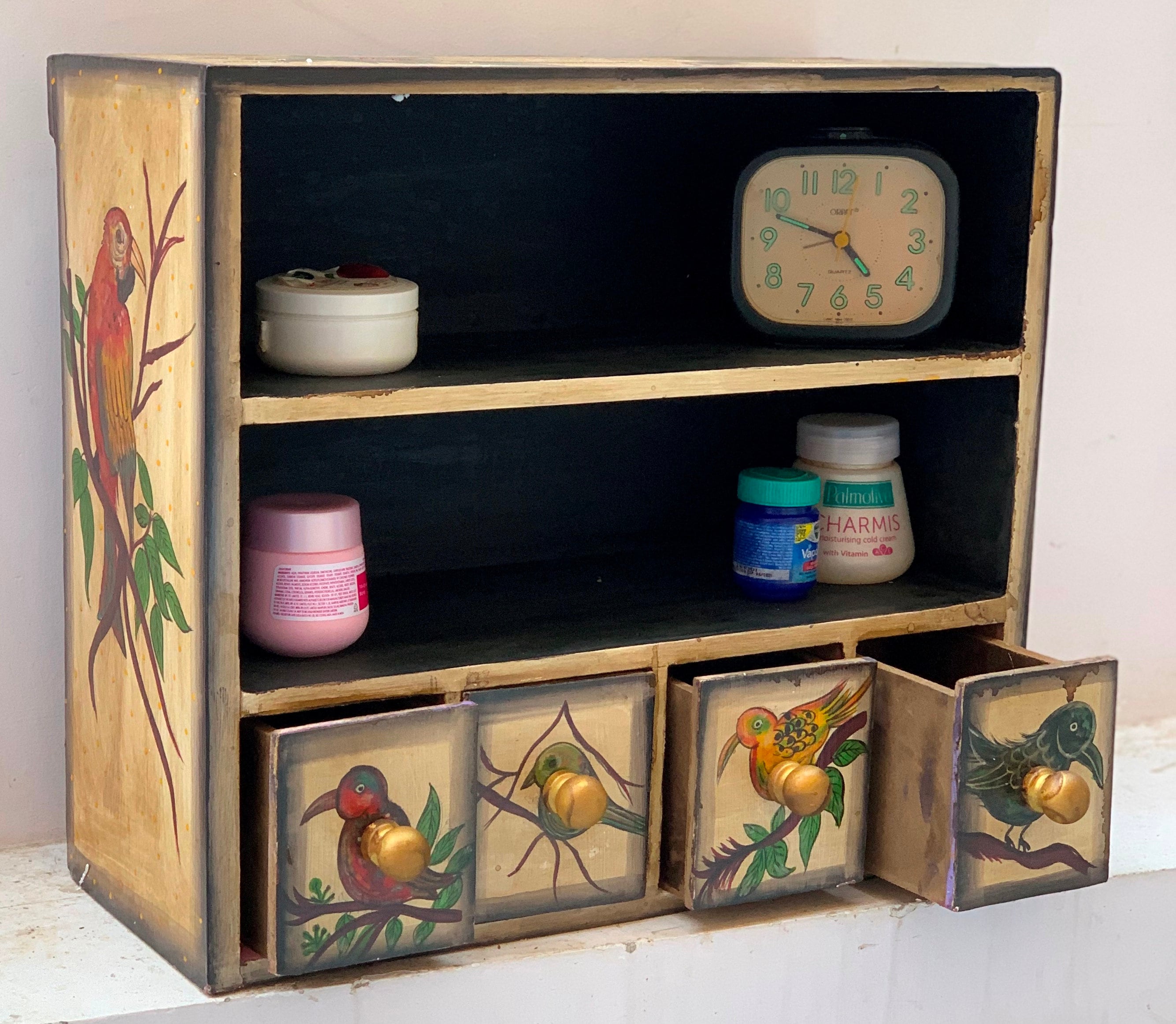 

Hand Painted Wooden Cabinet: Indian Parrot Bird Drawers, Display Cupboard 16” X 8” X 24” (l x w x h) разноцветный