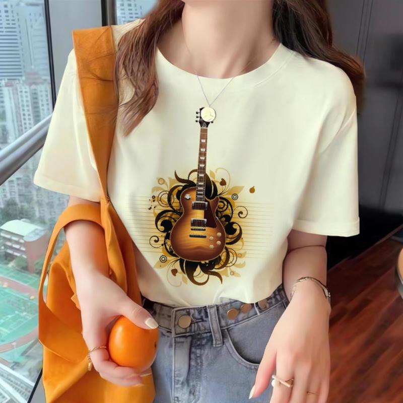 

3D повседневная женская футболка, топ Y2k, летняя свободная футболка с круглым вырезом и коротким рукавом, принт с изображением гитары, модные уличные футболки для девочек 4XL