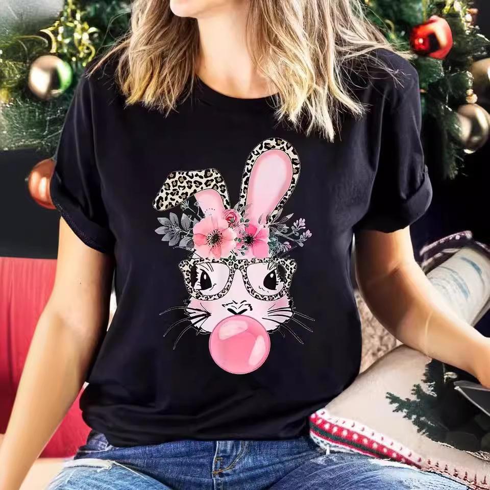 Letní top s kulatým výstřihem a potiskem Módní Ležérní Roztomilá dámská trička z čisté bavlny s krátkým rukávem