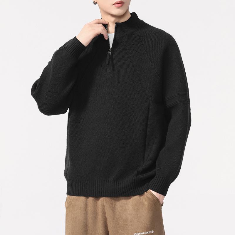 2025 Men's Autumn/Winter Half-High Collar Zipper Sweater - Loose Fit, Solid Color Pullover Knitwear