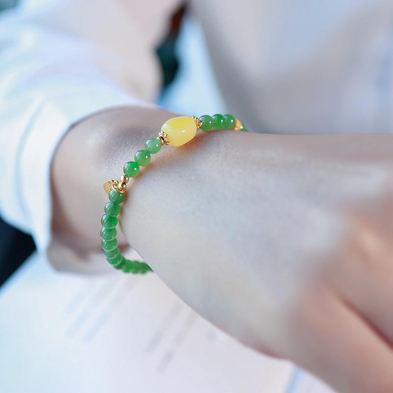 Natural Russian Green Jade and Amber Bead Bracelet for Women