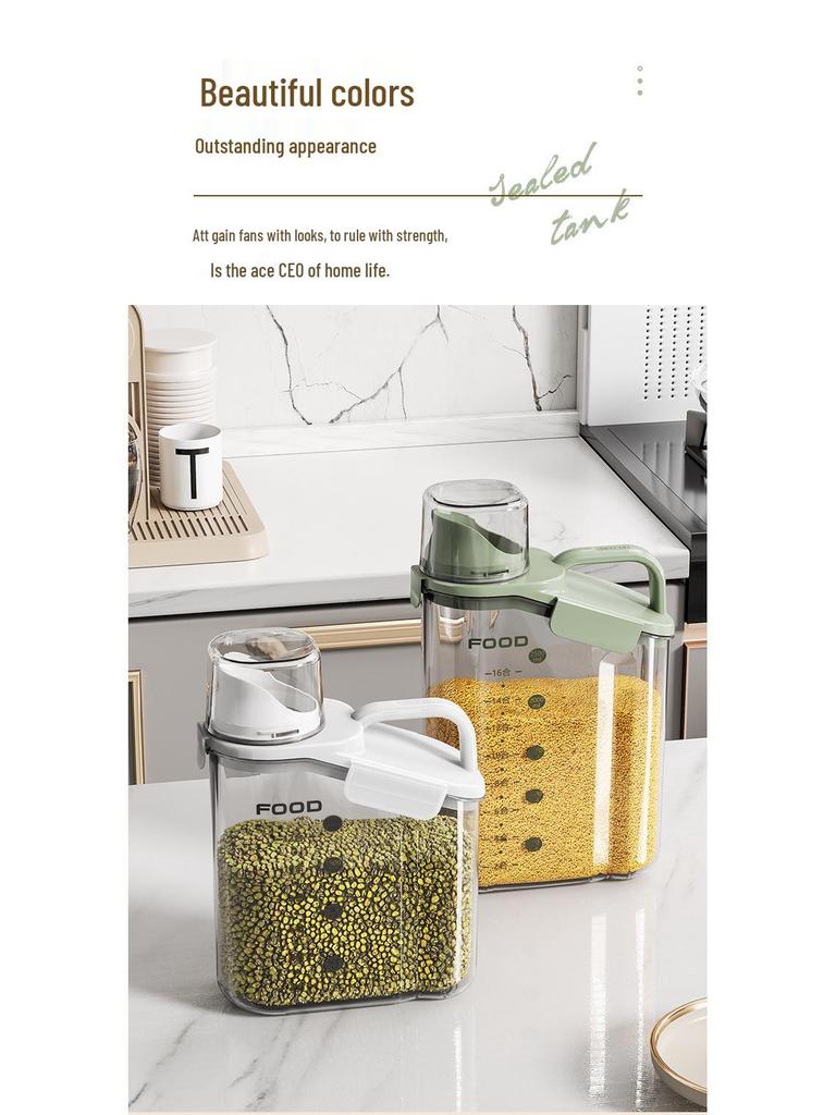 Multi-Grain Storage Canister with Measuring Cup - Sealed Plastic Container for Rice, Flour, and Grains