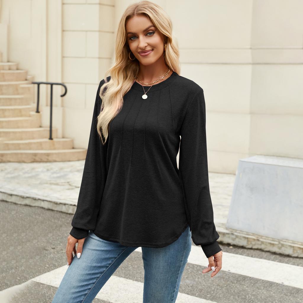 Women's Fall Casual Long Sleeve Top Crew Neck Pleated Loose Fit Fashion Daily Wear Tunic Blouse