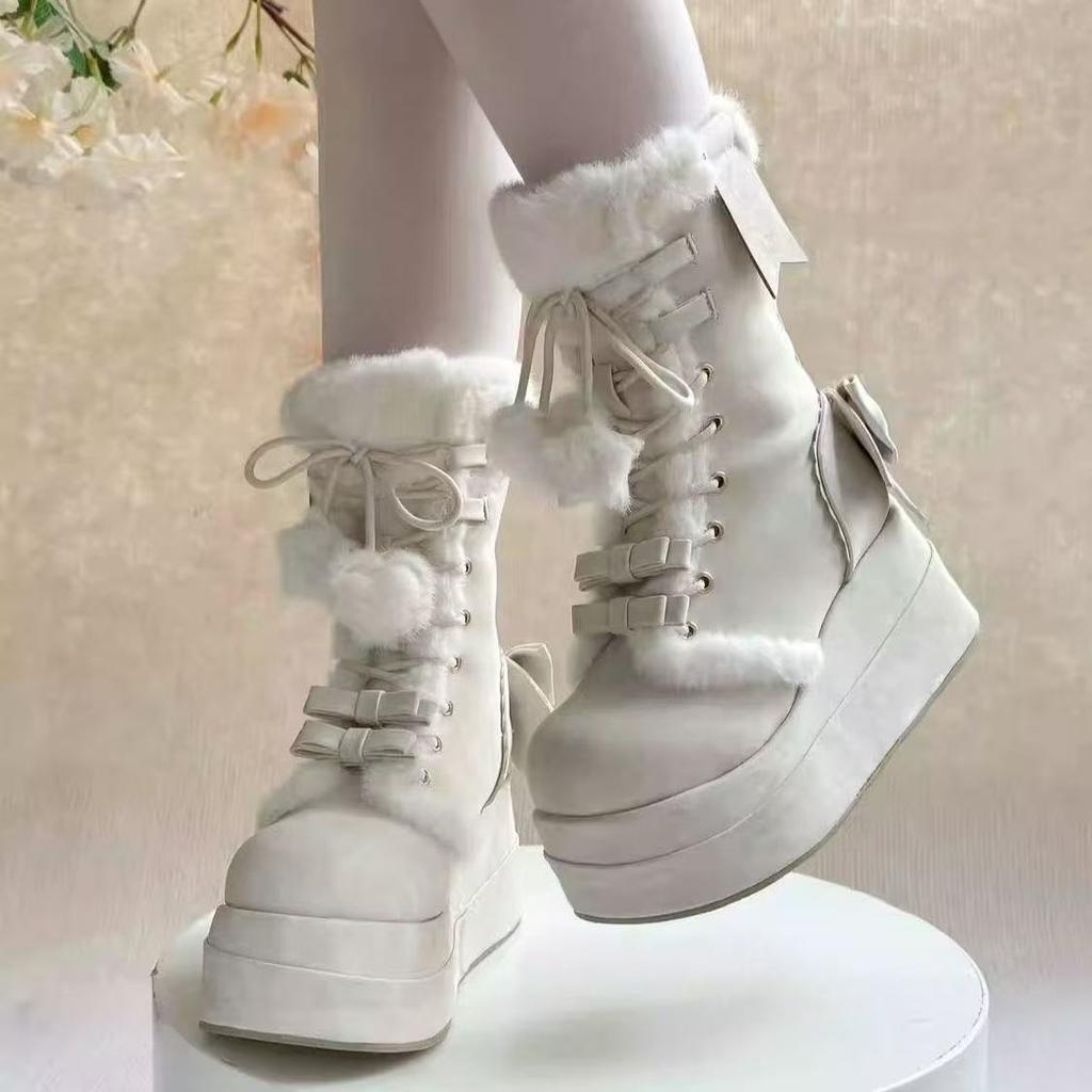 Winter Plateau Schneestiefel Für Damen Designer Keilabsatz Plüsch Warme Baumwollschuhe Für Damen Mode Süß Niedlich Schleife Lolita Stiefeletten