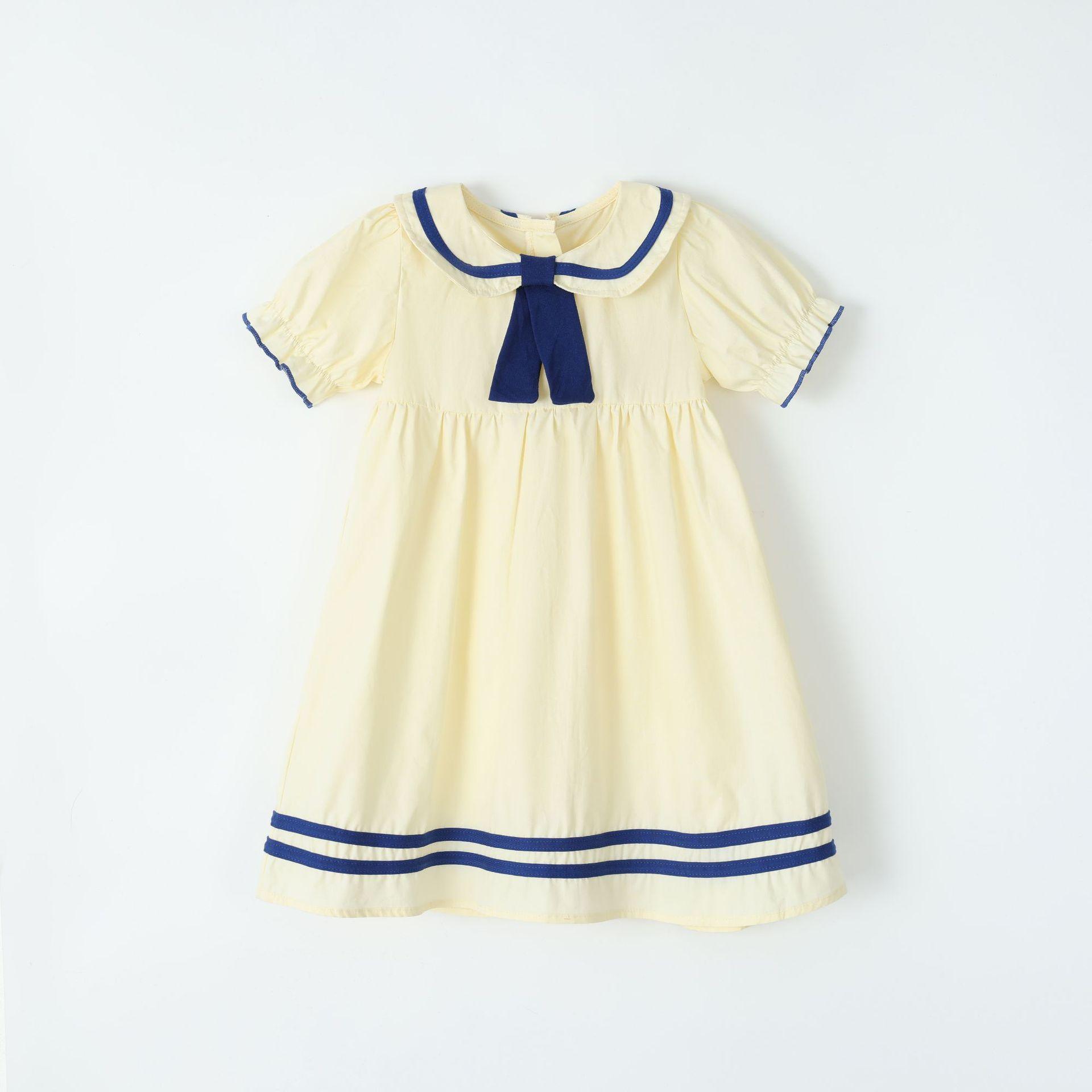 

Children S College-Style Short-Sleeve Dress With Turn-Down Collar Woven Tie Cotton Dress Kids Dress 2-3Y жёлтый