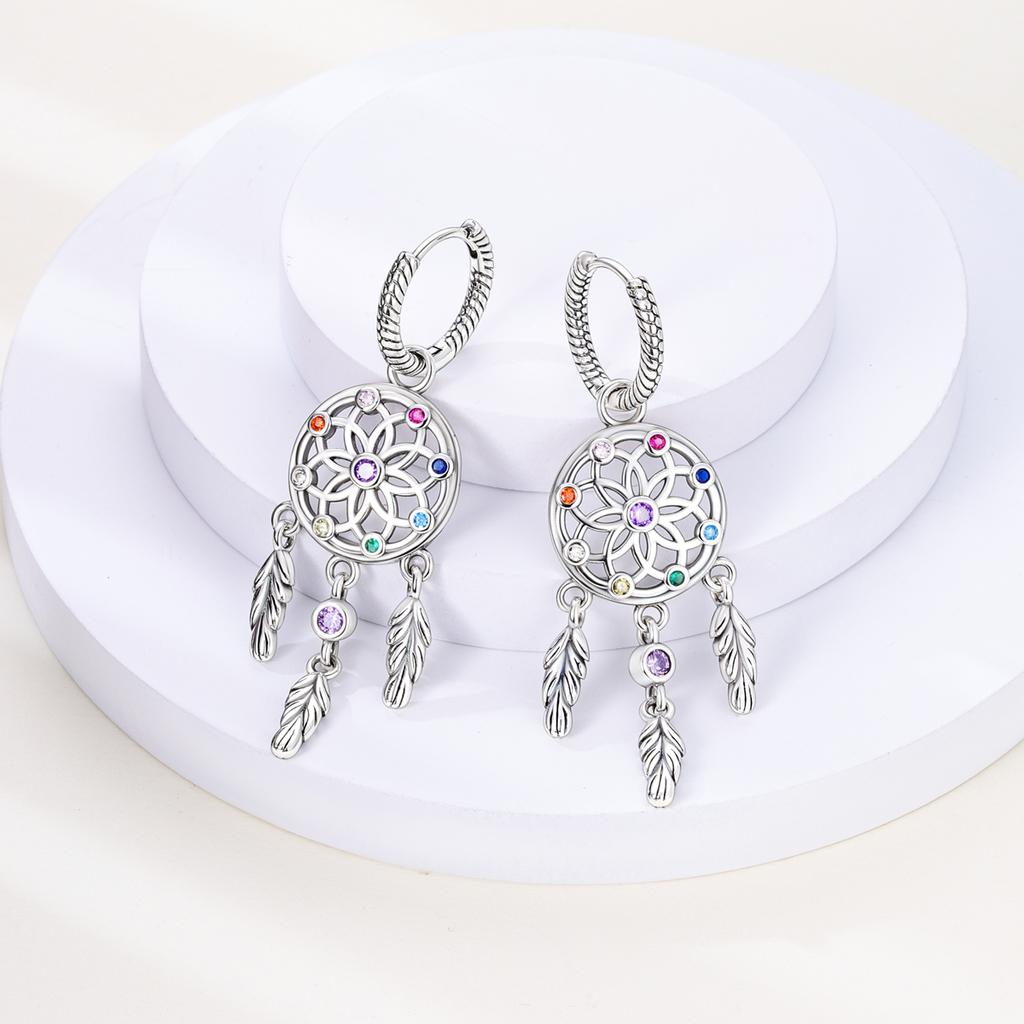 Silver Plated Hoop Earrings Moon Star Dreamcatcher Colored Zircon Fine Earring Jewelry Gift for Women