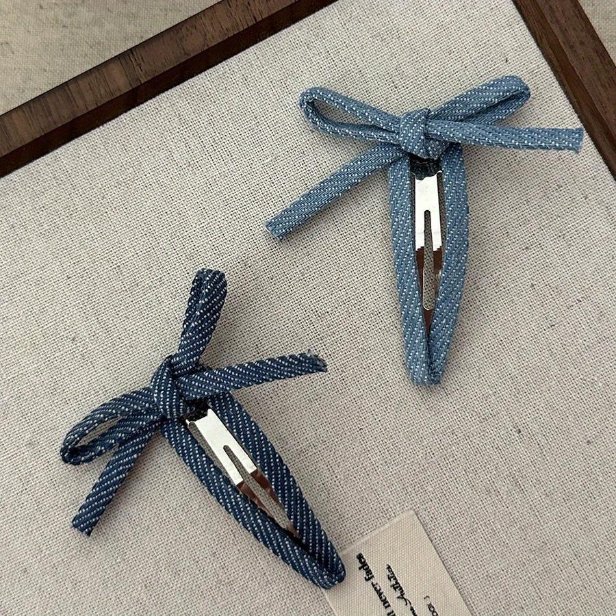 2PCS Women'S New Korean Denim Cute Bow Pop Clip Hair Clip With Sweet Bangs Hair Clip Hair Accessories