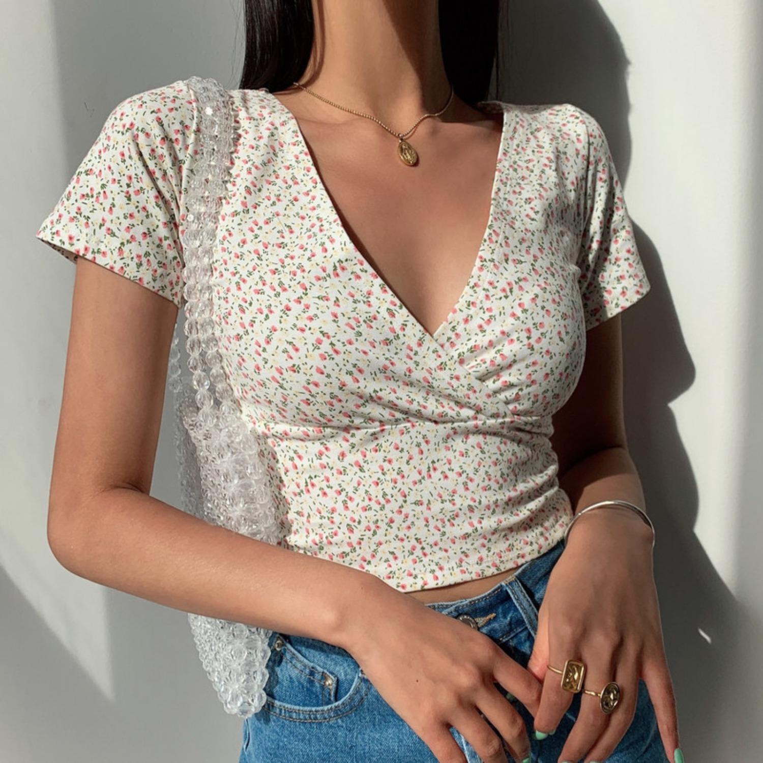 Women s V Neck Short Sleeve Cropped Tee Slim Fit Floral Print Casual Summer Top S жёлтый
