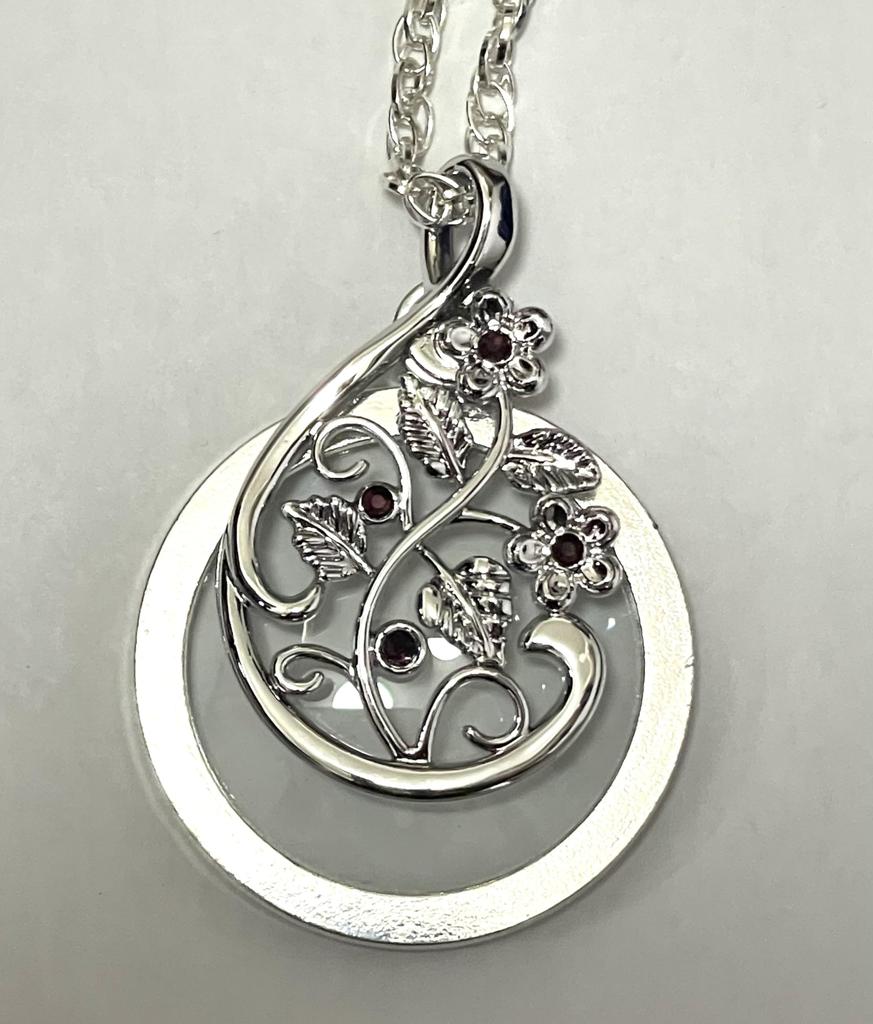 Magnifying Glass Pendant Necklace with Sparkling Rhinestones and Luxury Floral Openwork Pattern (Silver)