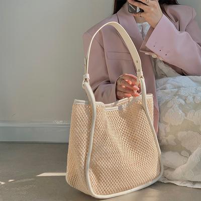 Summer Large Capacity Straw Woven Bag for Women  Personalized Hollow Contrast Commuter Bag  Hand-held Shoulder Woven Bag