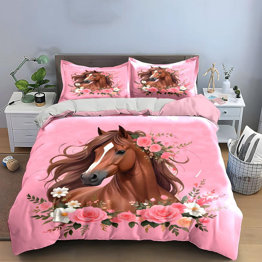 Elegant Horse With Floral Decor Exquisite Three-Piece Bedding Set Gift For Kids And Adults