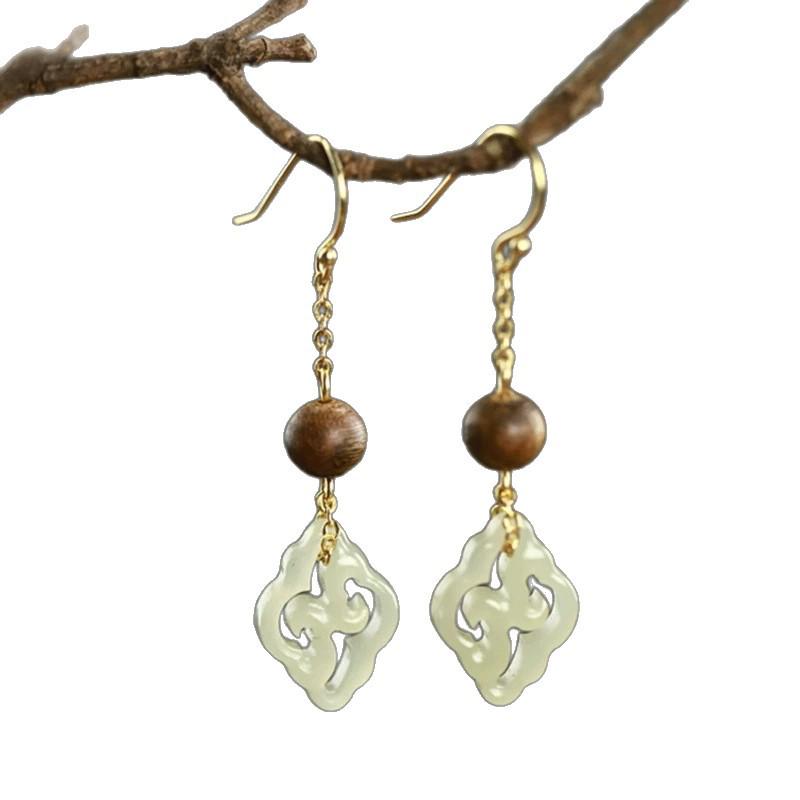 Handmade Chinese-Style Hetian Jade & Agarwood Earrings with Ear Hooks - Versatile Design for Women