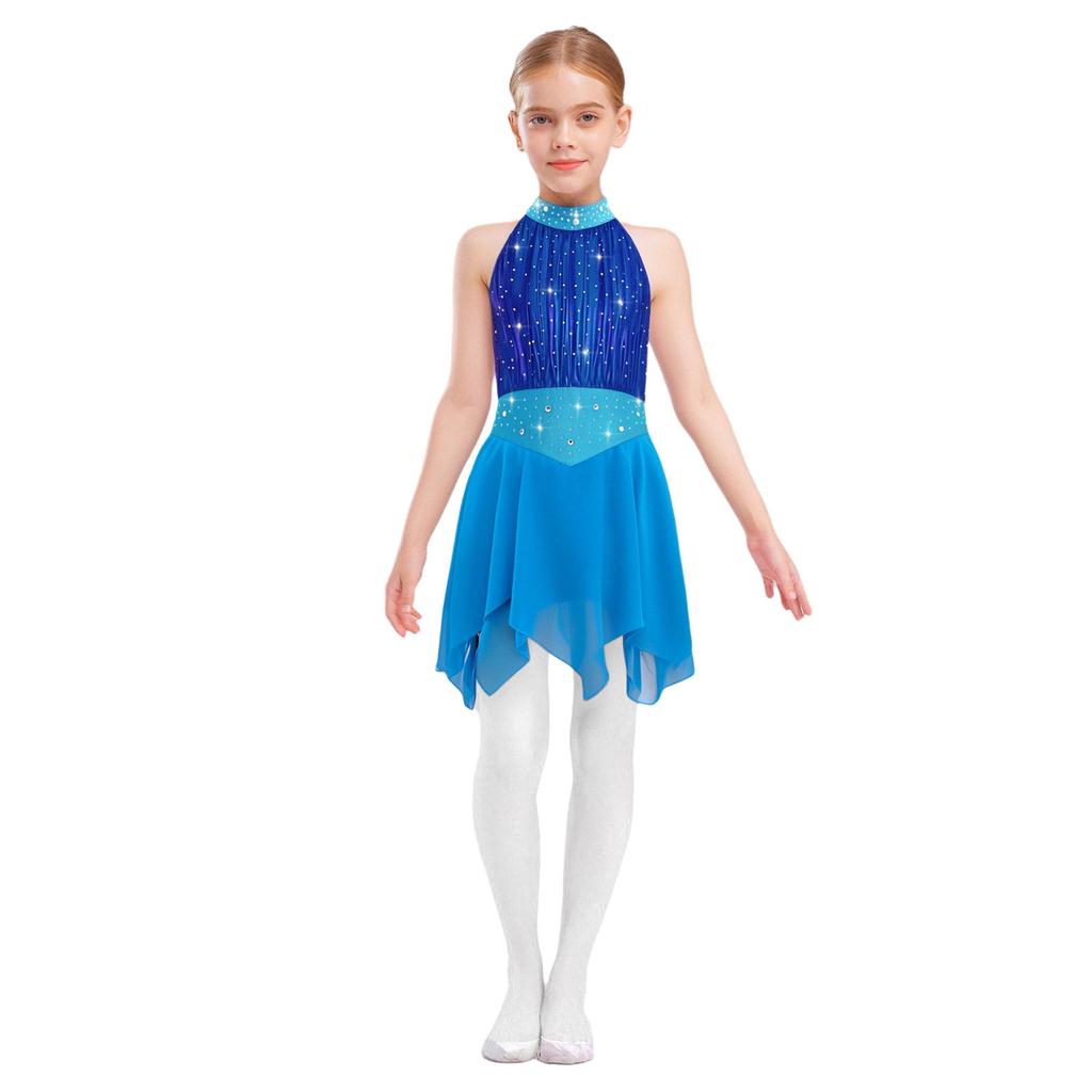 Kids Girls Ice Skating Performance Dress: Sleeveless Keyhole Back Rhinestone Metallic Mesh Bodice with Irregular Chiffon Hem for Competition