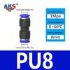 Pneumatic Nylon Air Hose Quick Connect Fittings: PU Straight, PY 5-Way, Cross 4-Way, PZA 3-Way, PE Connector with White/Blue Cap