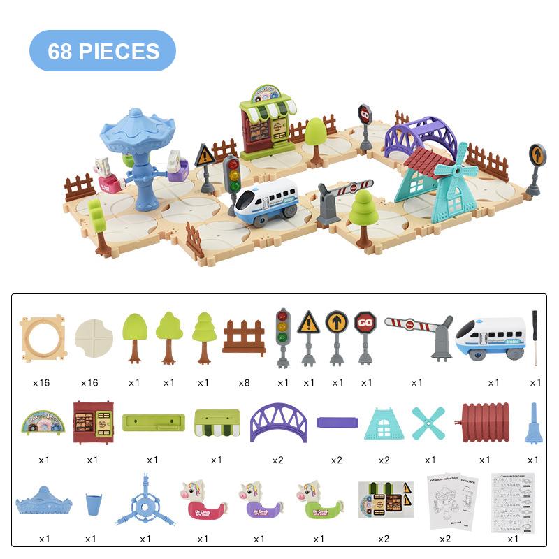DIY Puzzle Track Train Set Kids Educational Maze Rail Car Playset with Amusement Park Ferris Wheel and Moving Scenes STEM Toy