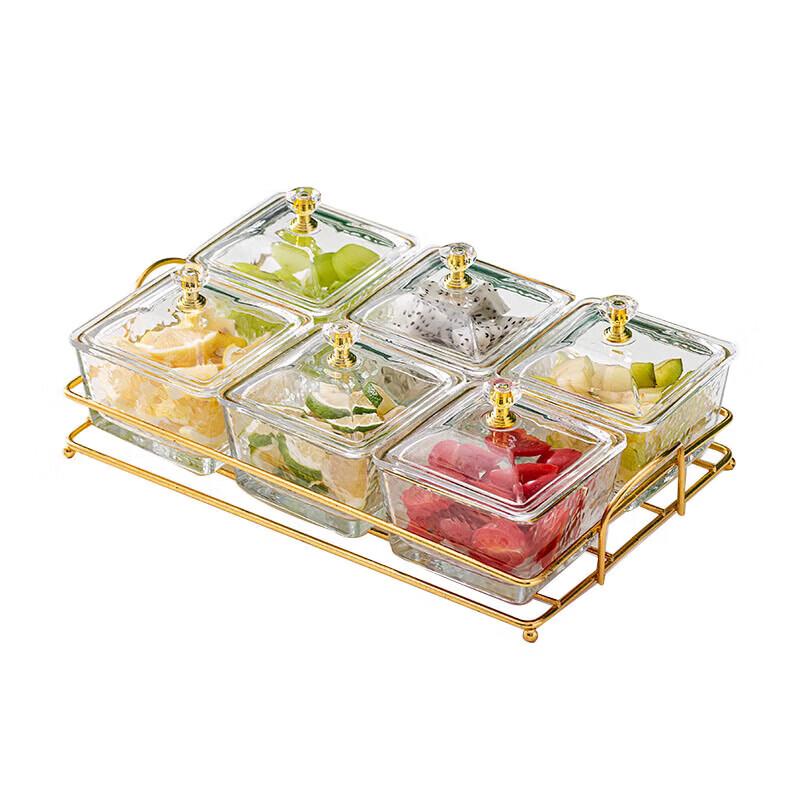 Glass Compartmental Snack & Fruit Platter Set with Lid and Rack