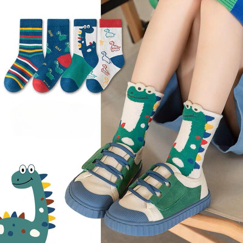 5 Pairs Autumn Winter New Style Children's Socks Mid-high Long Dinosaur Cartoon Design Boys Girls Baby Cartoon Socks Wholesale