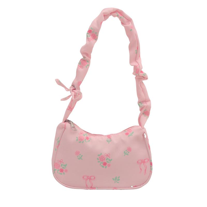 Women's Underarm Bag Summer Canvas Pleated Handlebags Armpit Purse FloralBow Printed Zipper Tote Handbag Female Shoulder Bag