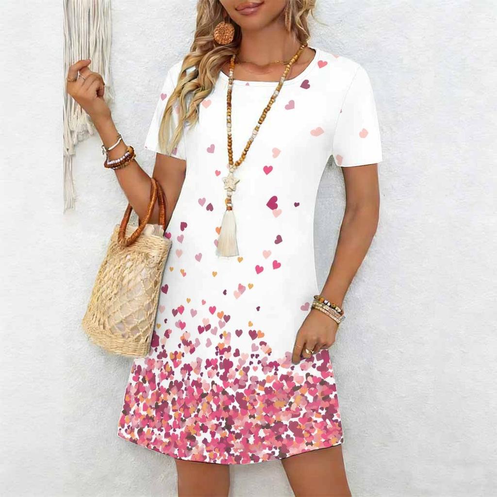 Damenmode Anmutig Schön Gebrochene Blumen und Früchte Druck Sommer Frühling Kurzarm O-Ausschnitt Freizeitkleider