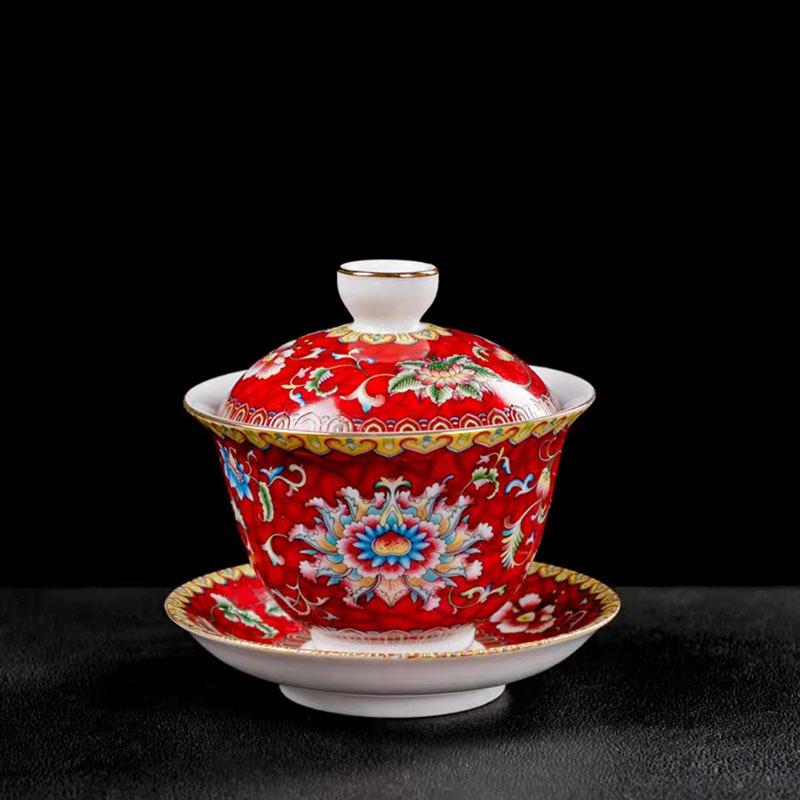 Large Ceramic Teapot Set with Hand Painted Flowers Home Tea Brewing Kungfu Tea Kit with Handle