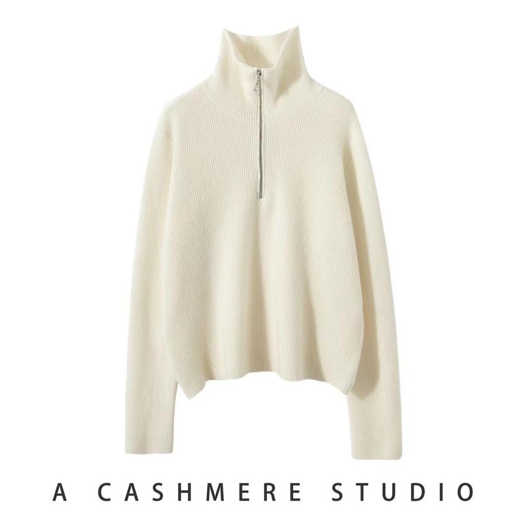 Women's Cashmere Half Zip Polo Neck Long Sleeve Sweater - Autumn/Winter Casual Fashion Knitwear