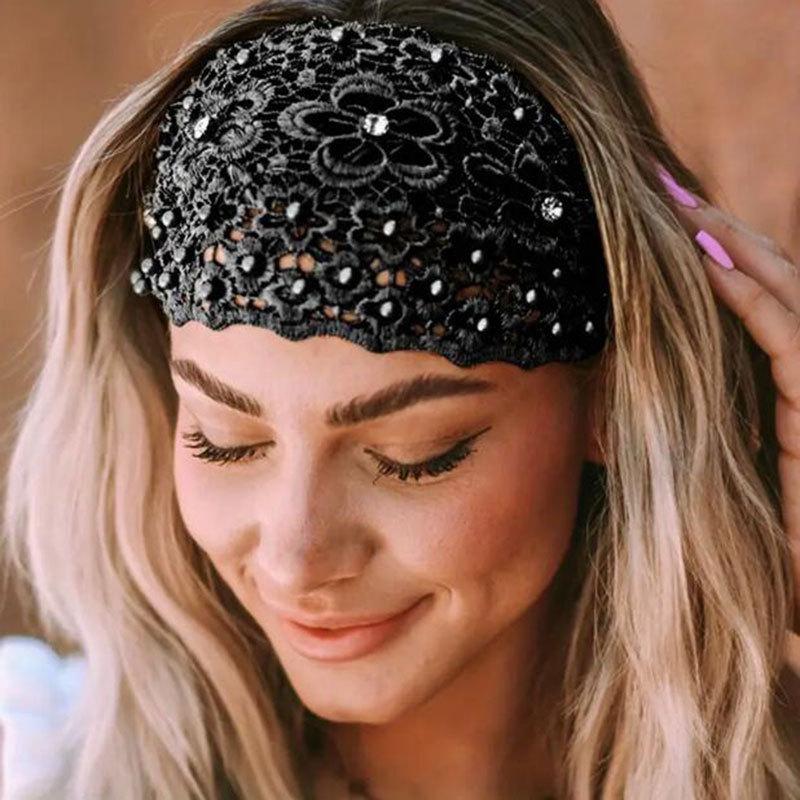 Elegant Women Hollow Headband Flower Pattern Shiny Rhinestones Faux Pearls Hair Band High Elastic Wide Hair Hijabs Holder