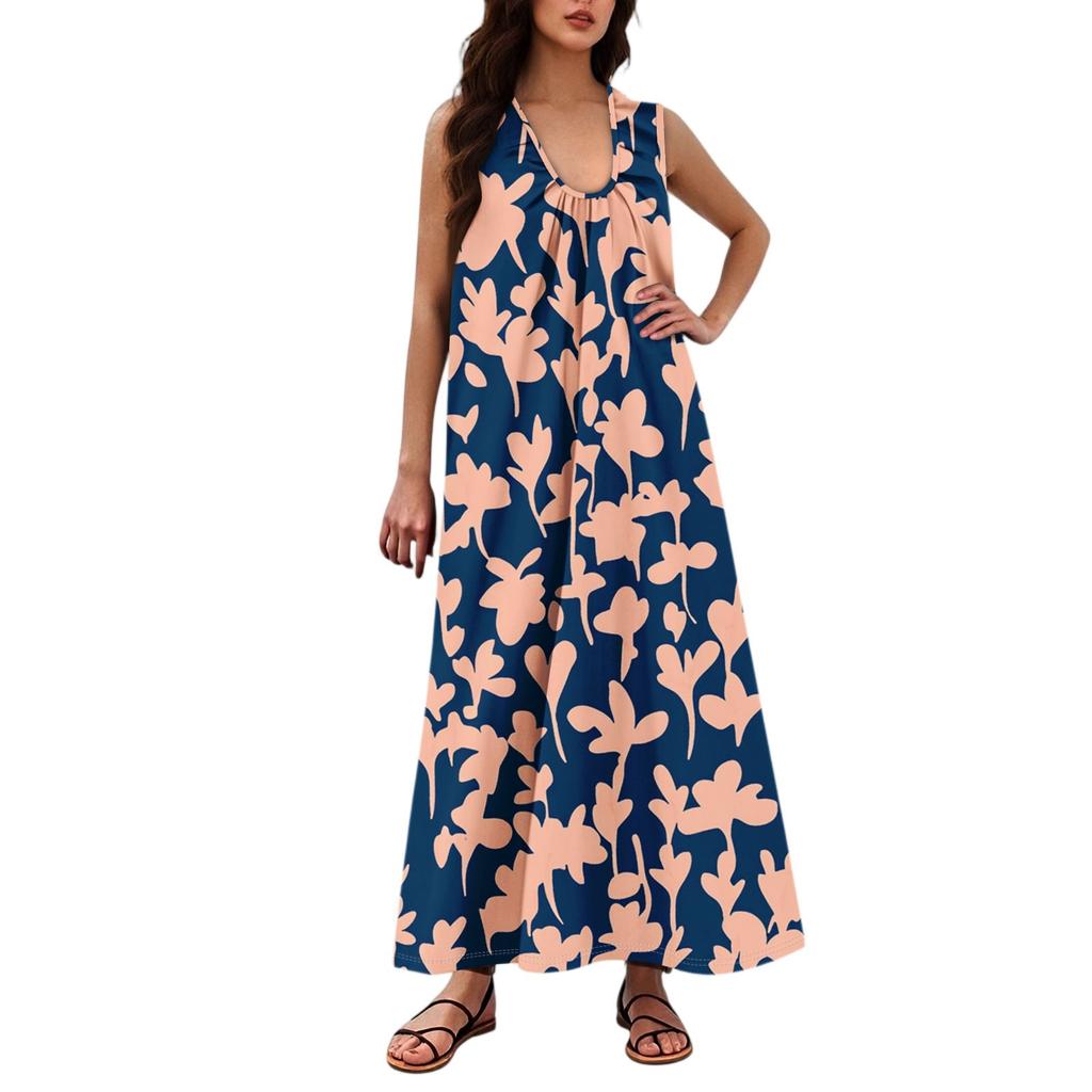 Women's Fashion Casual A-line Floral Printed Hammer Feel Loose Long Skirt With Pockets