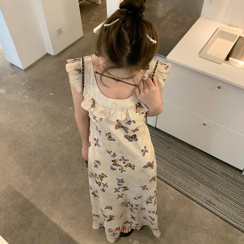 Summer 2025 Fashion Print Bufferfly Casual Long Dress Women Fashion Chic Ruffled Square Collar Dress Korean Elegant Bodycon Robe