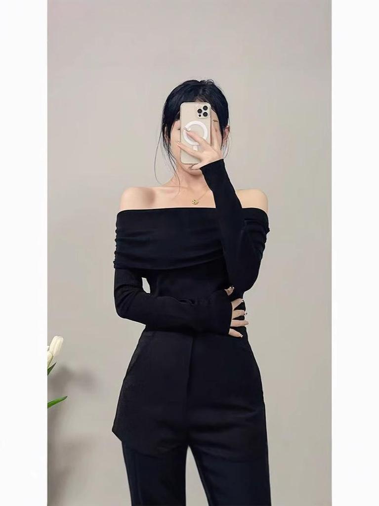 Early Autumn Off-Shoulder Slim-Fit Long-Sleeve T-Shirt for Women