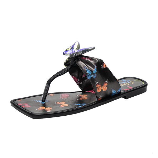 

2024 Лето Новые женские тапочки Модные сандалии на плоской подошве с открытым носком и принтом бабочек Флип Повседневная женская обувь для отдыха Большой размер 42 37 чёрный