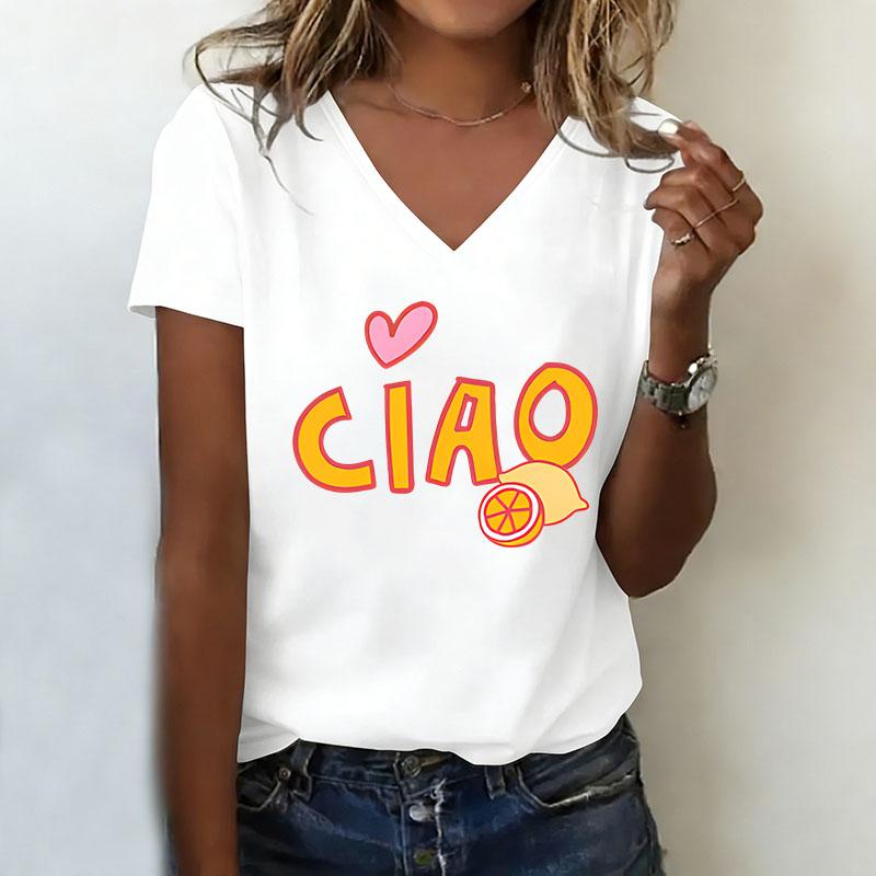 

Printed T-shirt women s short sleeved T-shirt V-neck summer outfit XL