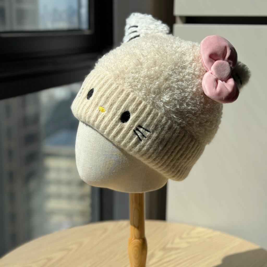 Cute Cat Bow Warm Woolen Hat for Women In Autumn and Winter Versatile Niche Slimming Cat Ears Sweet Knitted Hat