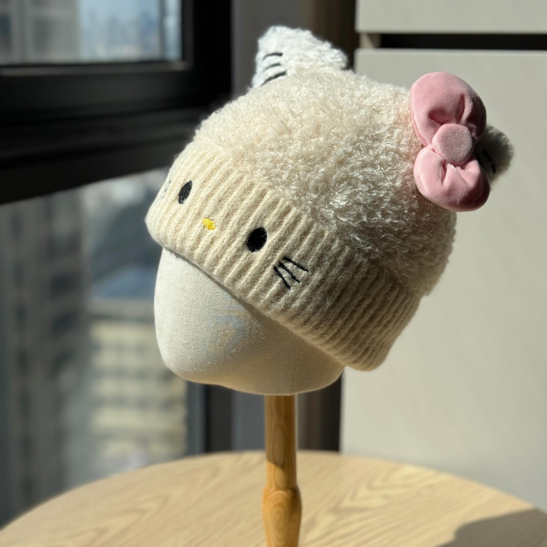 

Милая кошачья шапка-бант из теплой шерсти для женщин на осень и зиму, универсальная нишевая, стройнящая, с кошачьими ушками, сладкая вязаная шапка one size