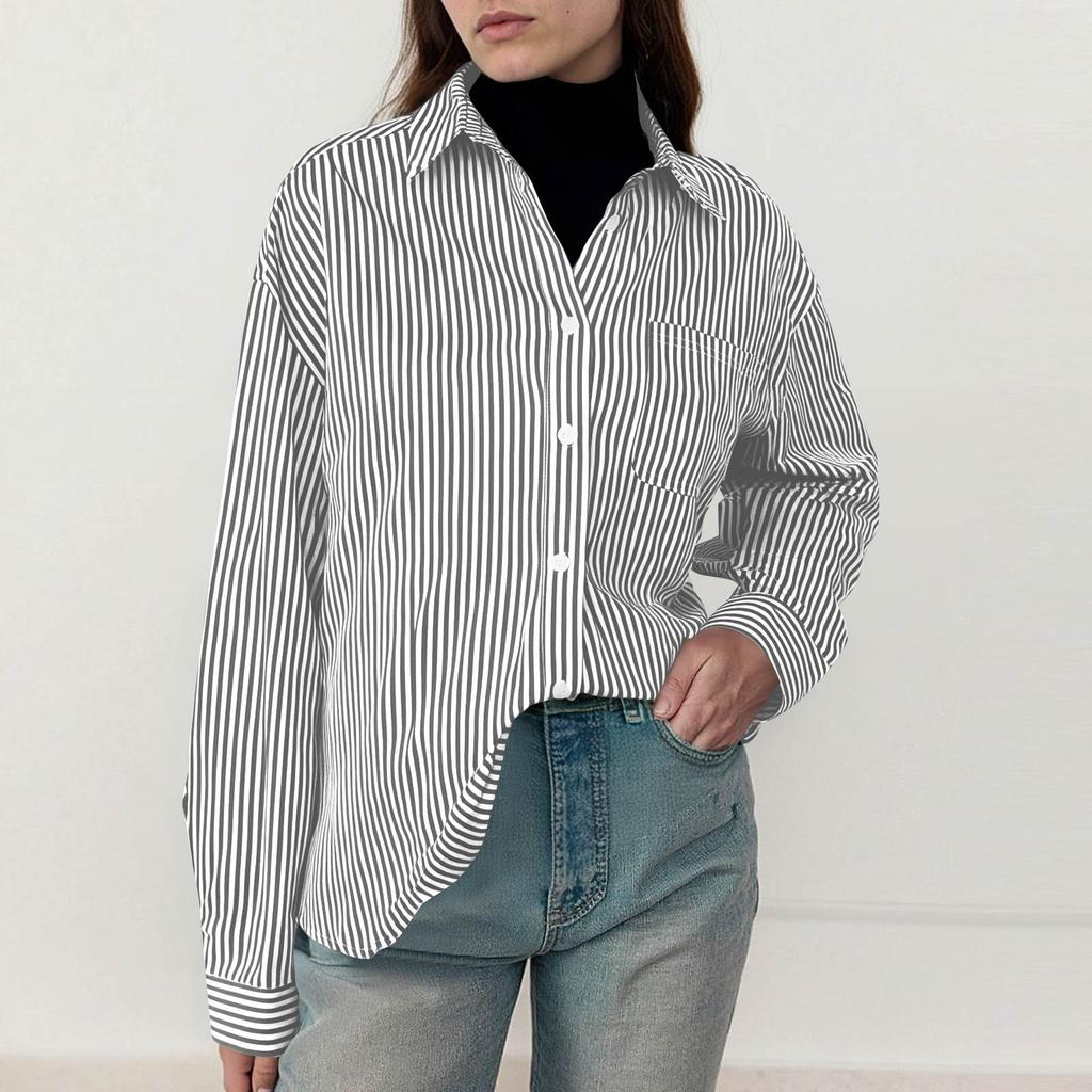 Dámská pruhovaná košilová šaty na knoflíky, košile s dlouhým rukávem, ležérní košile s kapsou