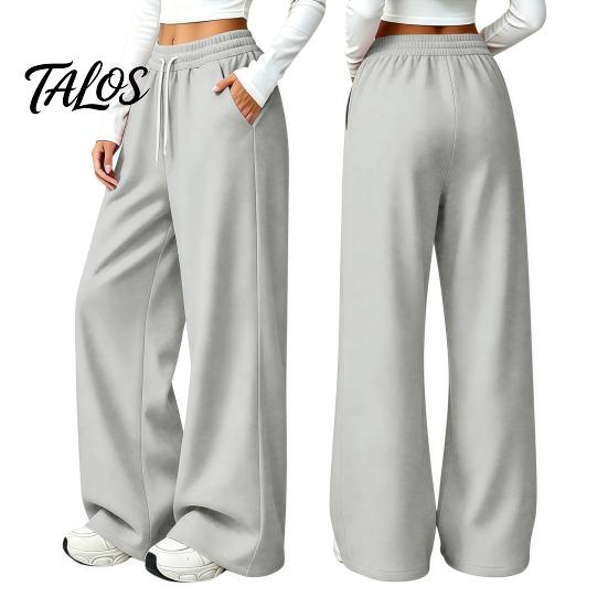 Wrinkle Resistant Casual Pants Women Wide Leg for Fall Winter, Drawstring Elastic Waist Loose Fit Trousers, Solid Color Straight Legs Trousers