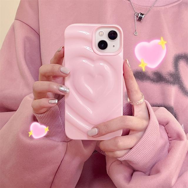 Korea Cute Pink Love Heart Folds Glossy Phone Case For Iphone 14 13 12 11 Pro Max X Xs Xr Lovely Y2k støtsikkert mykt deksel Funda