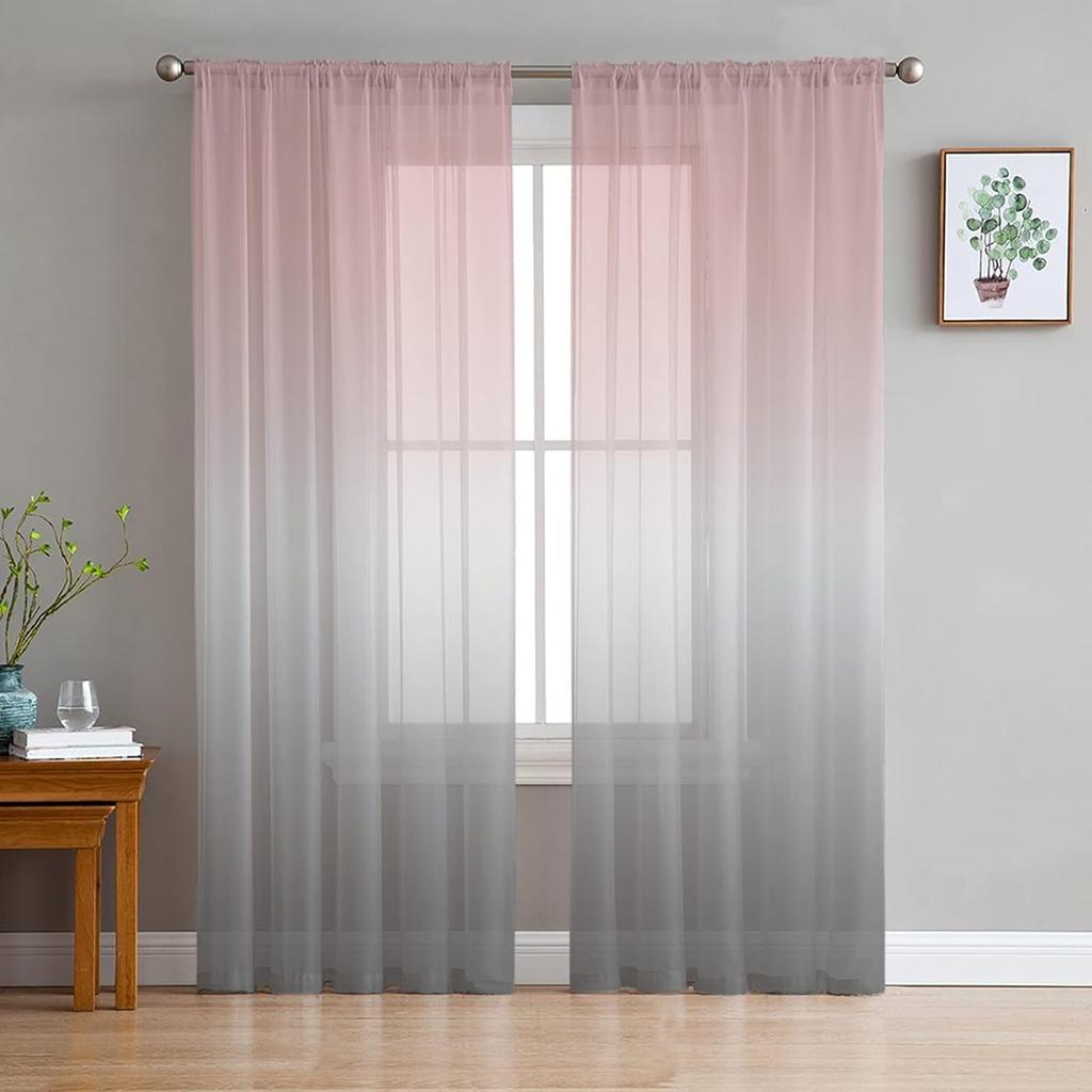 Ombre Pink Grey Sheer Curtains 63 Inches Length 2 Panels Set Chiffon Curtain Sheers for Living Room, Modern Solid Color Gradient Rod Pocket Window